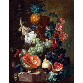 РЕПРОДУКЦИИ НА КАРТИНИ Натюрморт с плодове и цветя с грозде, ананас, пъпеш, нар и мишка върху мраморен перваз (1770)